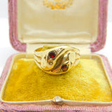 Victorian Style 9ct Gold & Garnet Snake or Serpent Crossover Ring Vintage 1964