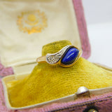 9ct Yellow Gold, Lapis Lazuli & Diamond Modernist Crossover Ring Vintage c1980