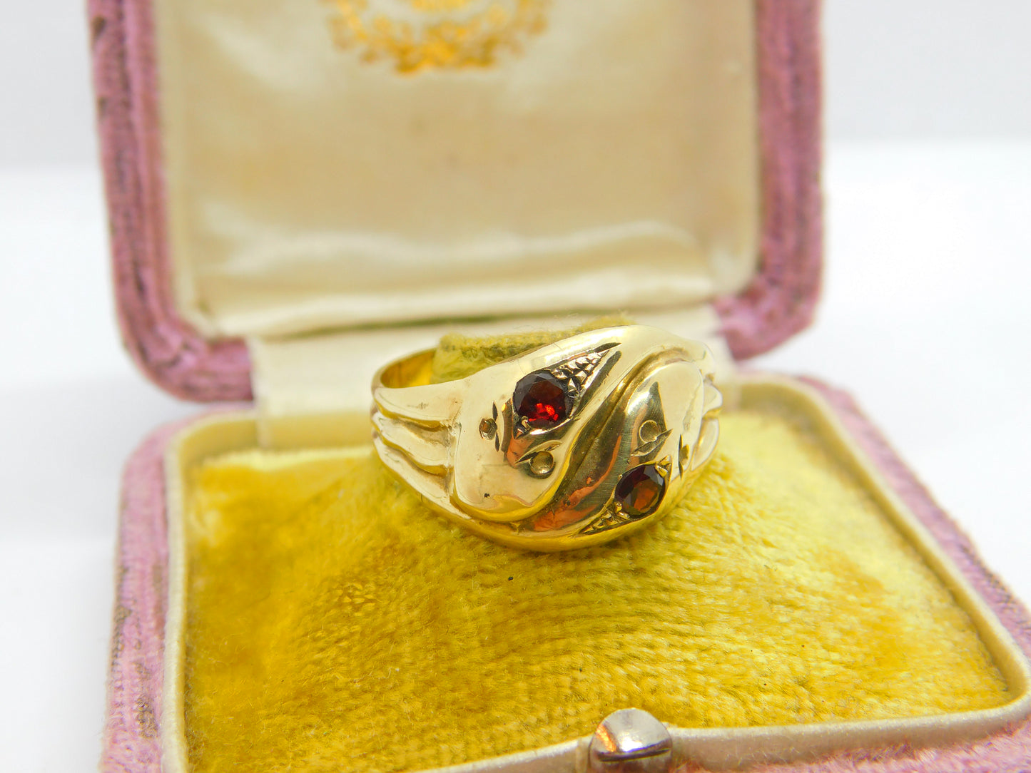 Victorian Style 9ct Gold & Garnet Snake or Serpent Crossover Ring Vintage 1964