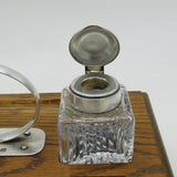 Sheaffer Sterling Silver Mounted Oak & Cut Crystal Inkpot Desk Stand Vintage