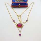 Edwardian 9ct Gold, Topaz & Amethyst Heart Form Drop Necklace Antique c1910