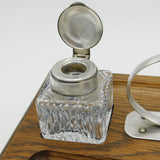 Sheaffer Sterling Silver Mounted Oak & Cut Crystal Inkpot Desk Stand Vintage