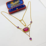 Edwardian 9ct Gold, Topaz & Amethyst Heart Form Drop Necklace Antique c1910