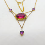 Edwardian 9ct Gold, Topaz & Amethyst Heart Form Drop Necklace Antique c1910