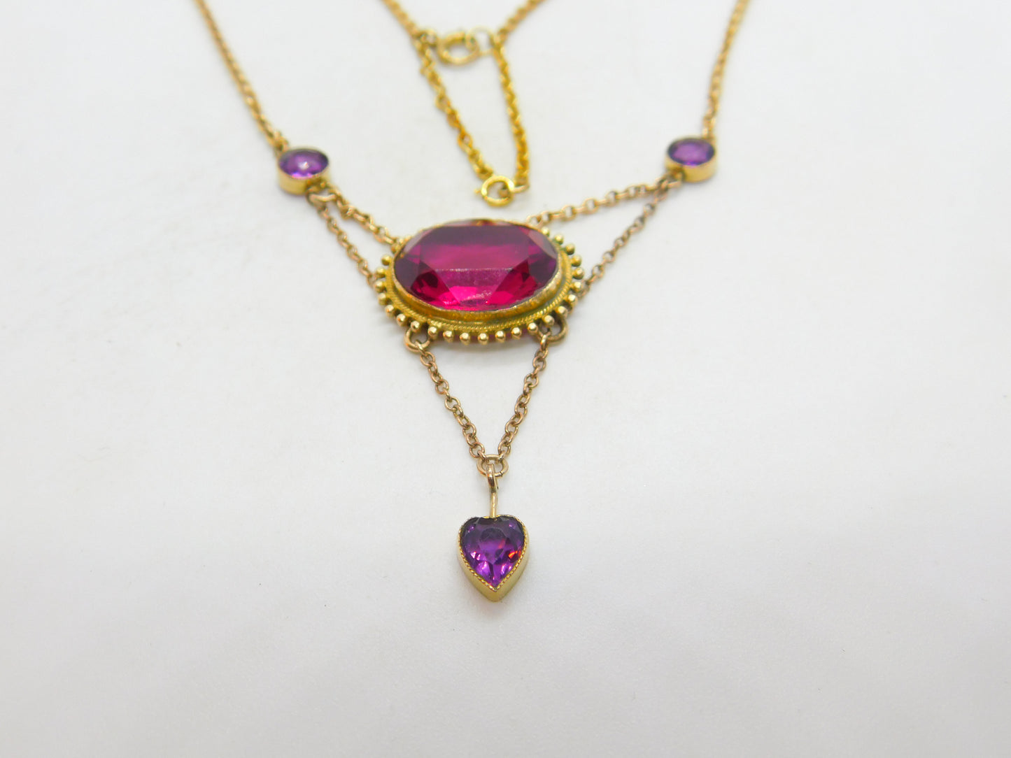 Edwardian 9ct Gold, Topaz & Amethyst Heart Form Drop Necklace Antique c1910