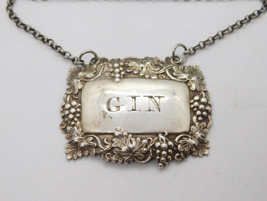 Victorian Sterling Silver Grape Pattern Gin Decanter Label 1858 Birmingham