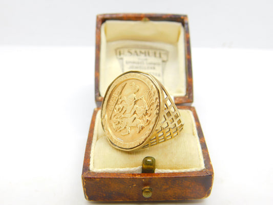 9ct Yellow Gold St. George Sovereign Style Coin Ring Vintage c1980 London