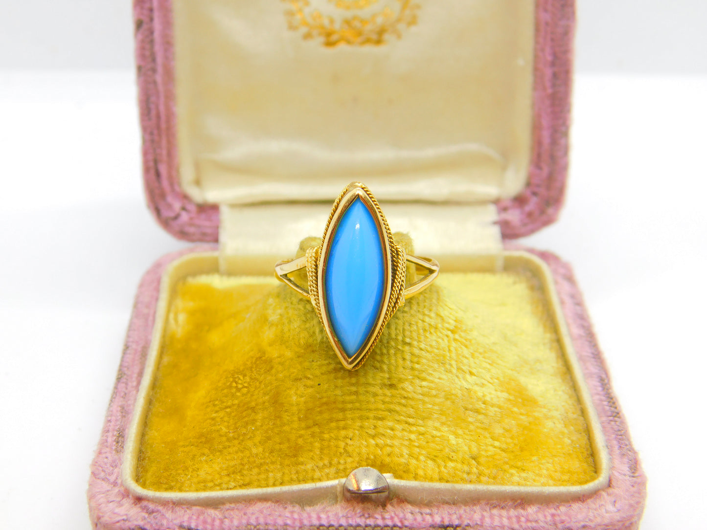 18ct Yellow Gold & Blue Turquoise Signet Ring Antique c1930 Art Deco