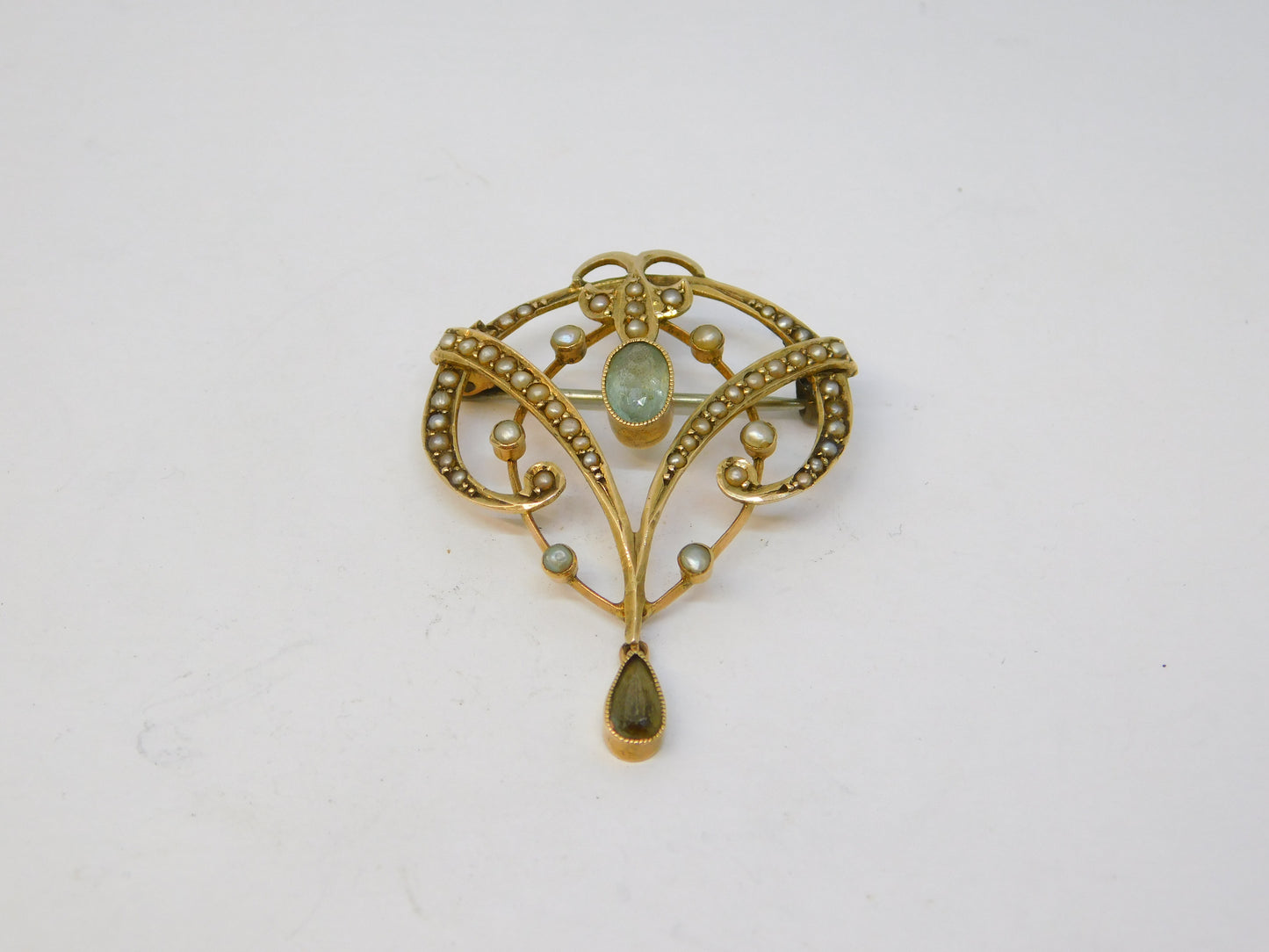 Edwardian 9ct Yellow Gold, Seed Pearl & Topaz Lavalier Brooch Antique c1910