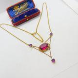 Edwardian 9ct Gold, Topaz & Amethyst Heart Form Drop Necklace Antique c1910