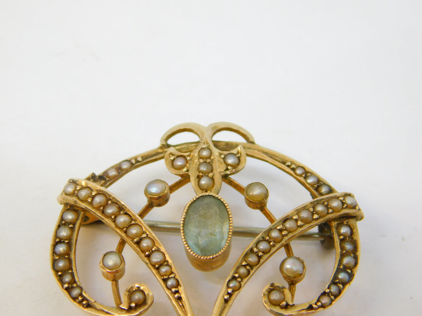 Edwardian 9ct Yellow Gold, Seed Pearl & Topaz Lavalier Brooch Antique c1910