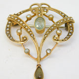 Edwardian 9ct Yellow Gold, Seed Pearl & Topaz Lavalier Brooch Antique c1910