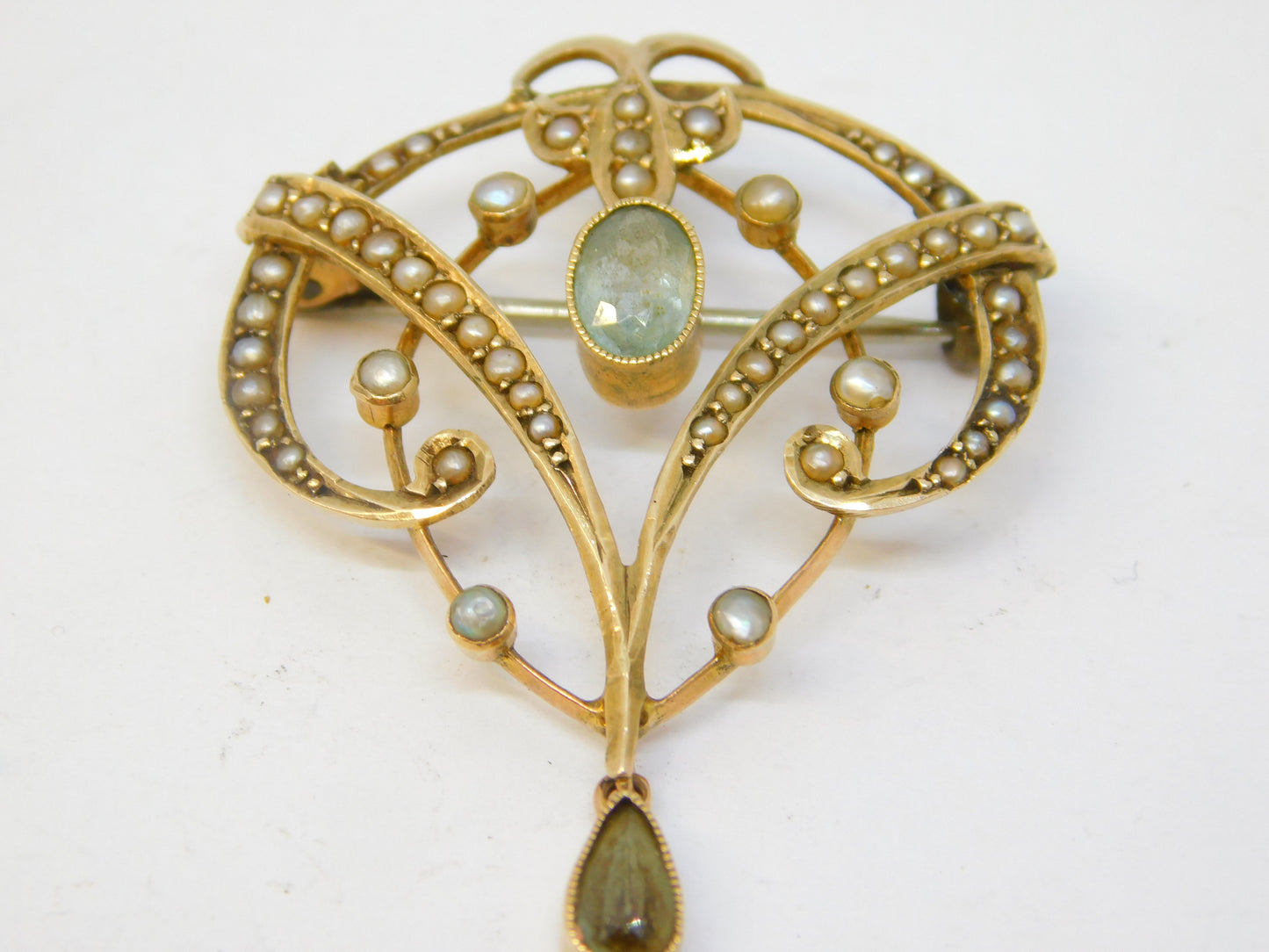 Edwardian 9ct Yellow Gold, Seed Pearl & Topaz Lavalier Brooch Antique c1910
