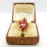14ct Yellow Gold, Ruby & Diamond Floral Cluster Ring Vintage c1970