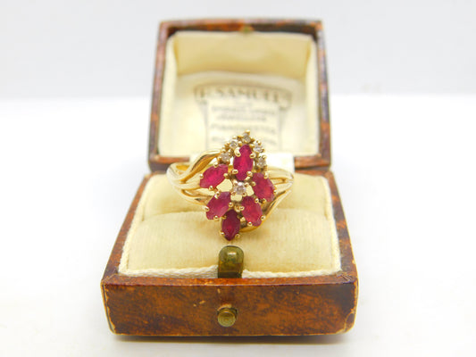 14ct Yellow Gold, Ruby & Diamond Floral Cluster Ring Vintage c1970