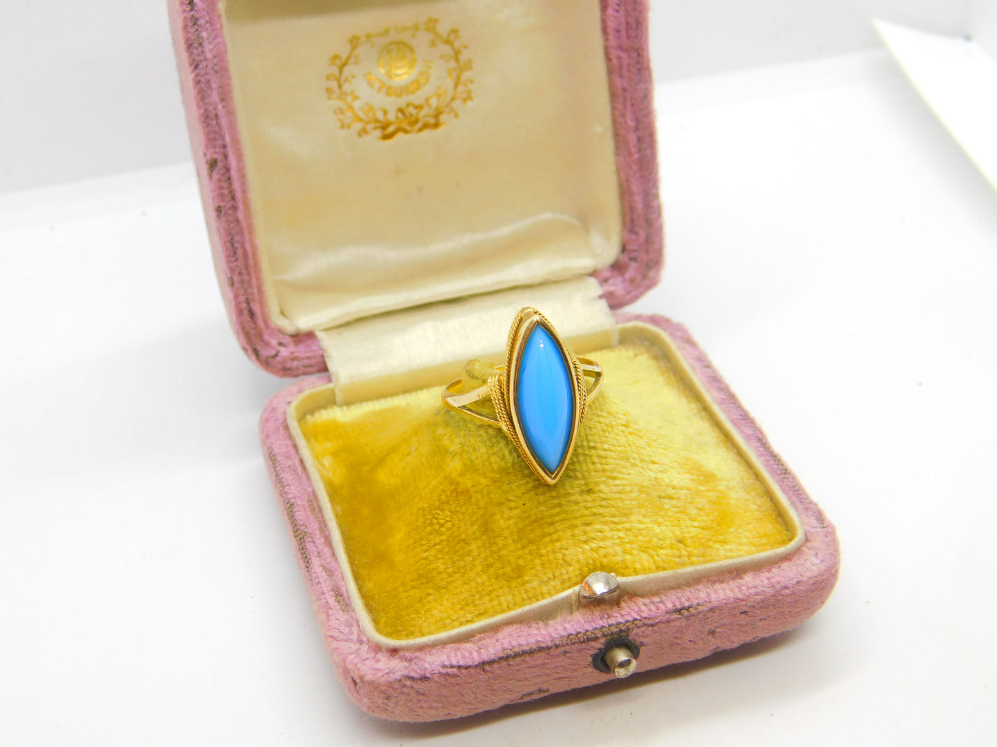 18ct Yellow Gold & Blue Turquoise Signet Ring Antique c1930 Art Deco