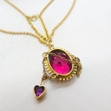 Edwardian 9ct Gold, Topaz & Amethyst Heart Form Drop Necklace Antique c1910