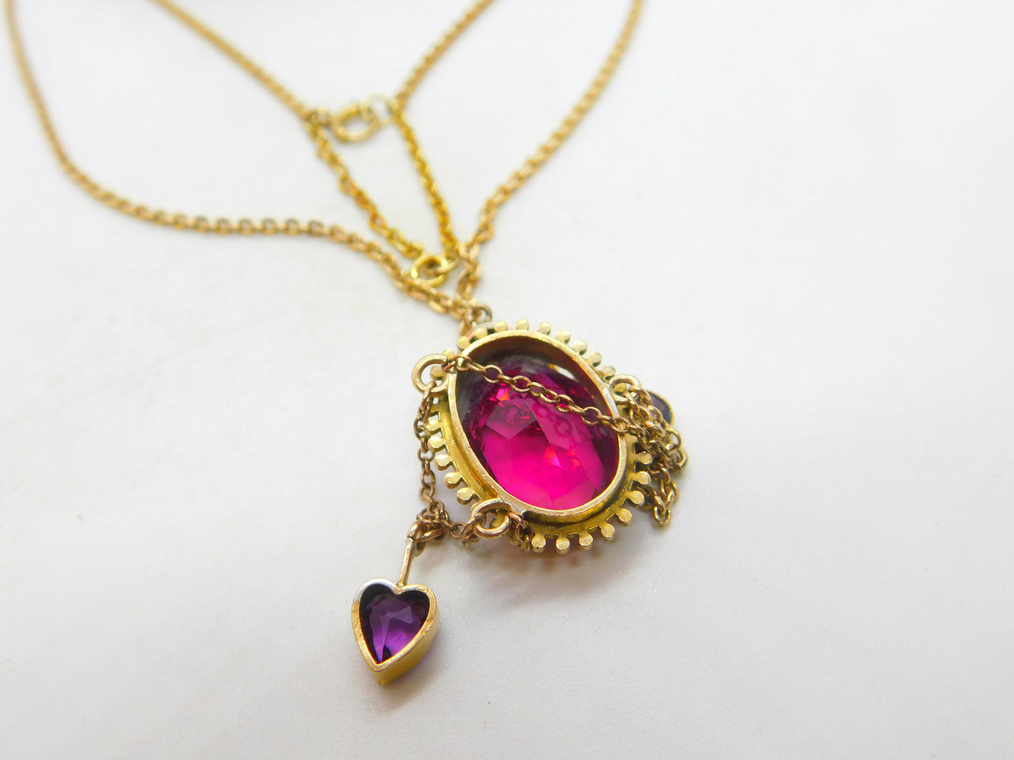 Edwardian 9ct Gold, Topaz & Amethyst Heart Form Drop Necklace Antique c1910