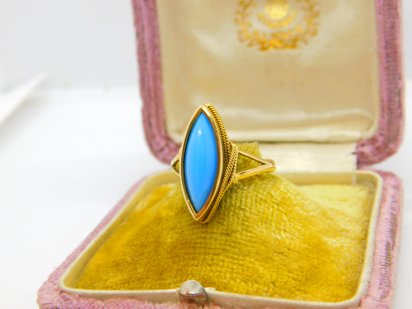 18ct Yellow Gold & Blue Turquoise Signet Ring Antique c1930 Art Deco