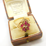 14ct Yellow Gold, Ruby & Diamond Floral Cluster Ring Vintage c1970