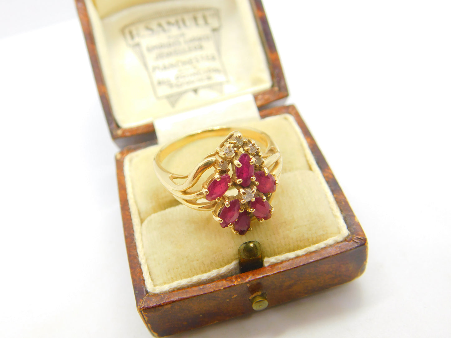 14ct Yellow Gold, Ruby & Diamond Floral Cluster Ring Vintage c1970