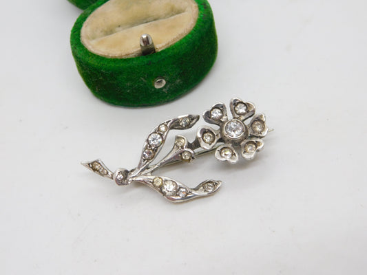 Victorian Sterling Silver & Paste Set Flower Sweetheart Brooch Antique c1890