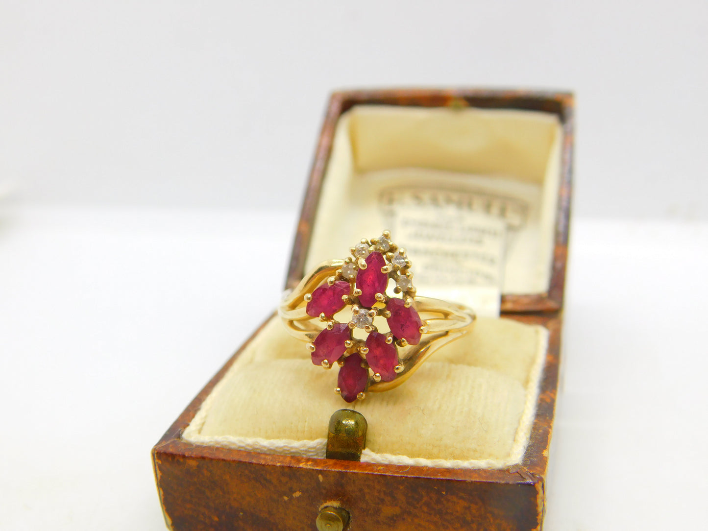 14ct Yellow Gold, Ruby & Diamond Floral Cluster Ring Vintage c1970