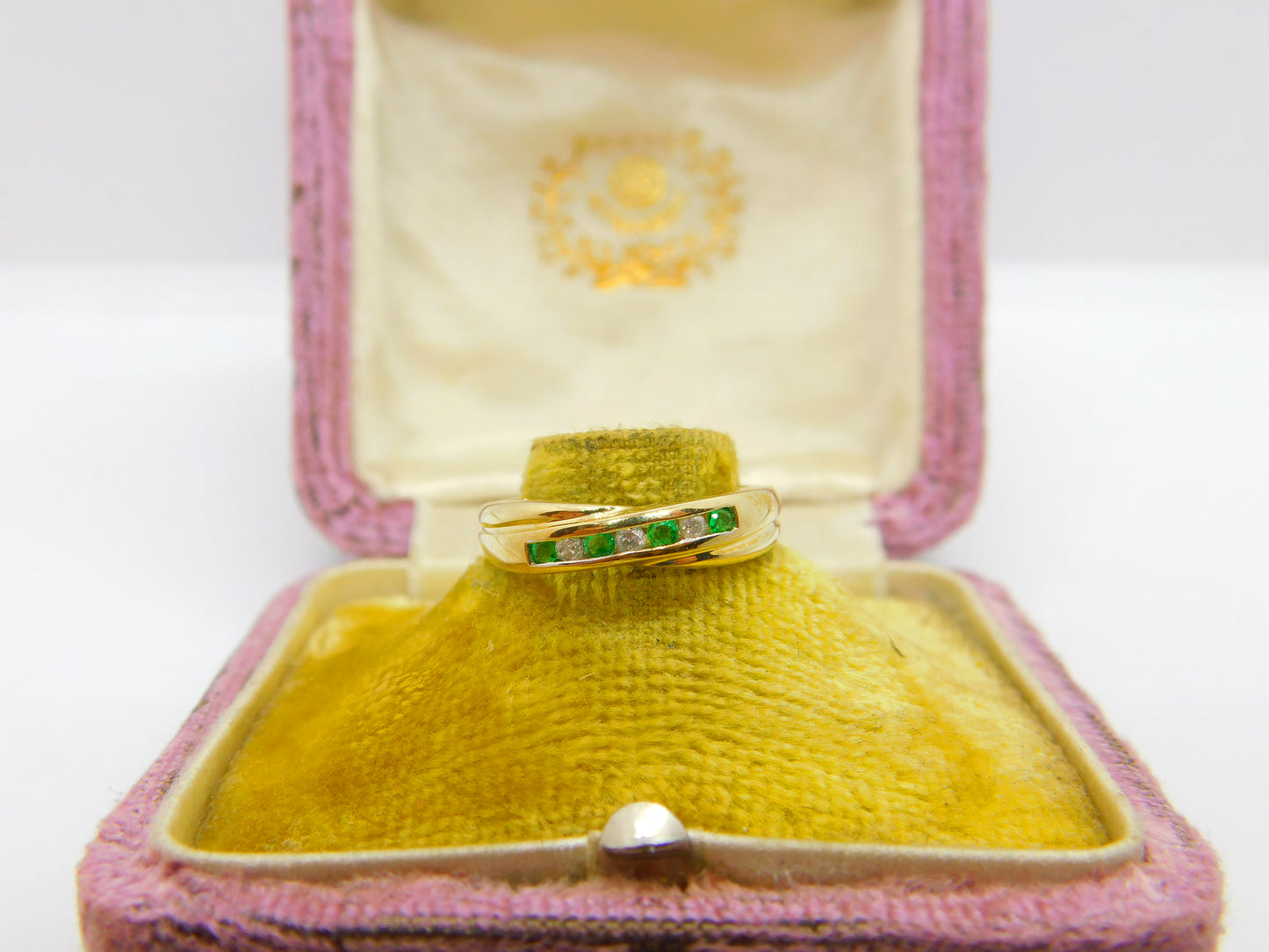 9ct Yellow Gold, Emerald & Diamond Crossover Band Ring Vintage c1980 Sheffield