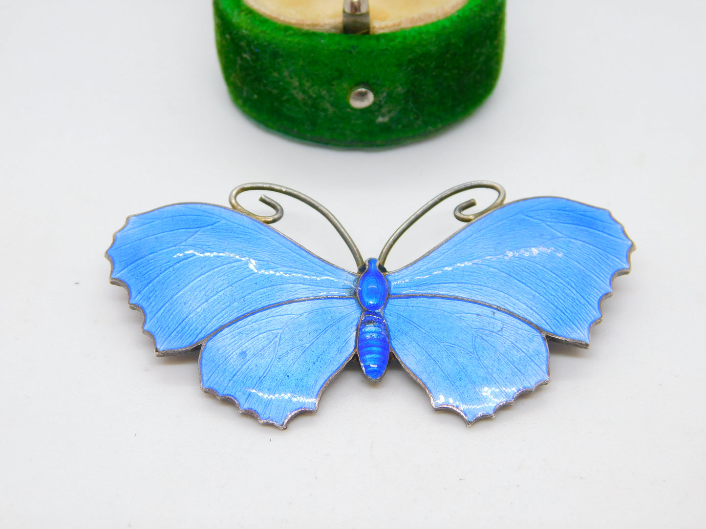 Edwardian Sterling Silver Guilloche Enamel Butterfly Brooch Antique c1910