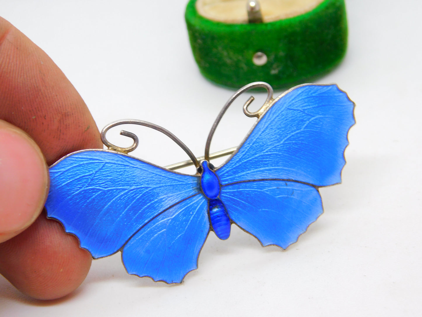 Edwardian Sterling Silver Guilloche Enamel Butterfly Brooch Antique c1910