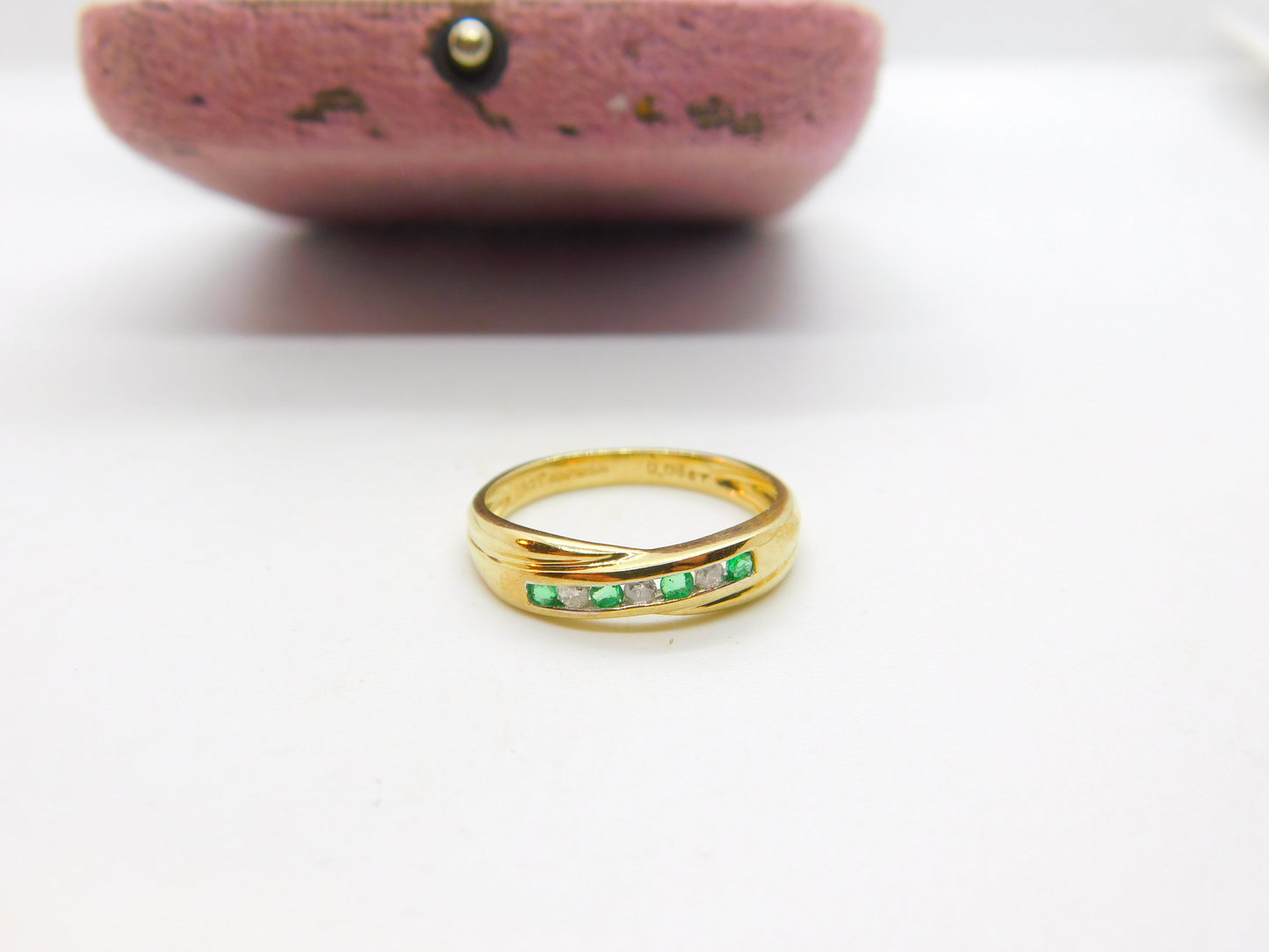 9ct Yellow Gold, Emerald & Diamond Crossover Band Ring Vintage c1980 Sheffield