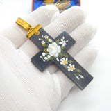 Large Victorian 18ct Gold Daisy Flower Pietra Dura Cross Pendant c1860 AF