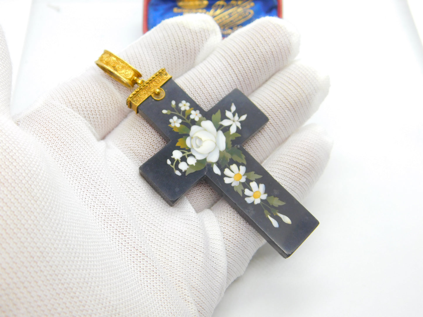 Large Victorian 18ct Gold Daisy Flower Pietra Dura Cross Pendant c1860 AF