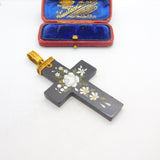 Large Victorian 18ct Gold Daisy Flower Pietra Dura Cross Pendant c1860 AF