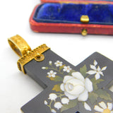 Large Victorian 18ct Gold Daisy Flower Pietra Dura Cross Pendant c1860 AF