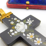 Large Victorian 18ct Gold Daisy Flower Pietra Dura Cross Pendant c1860 AF