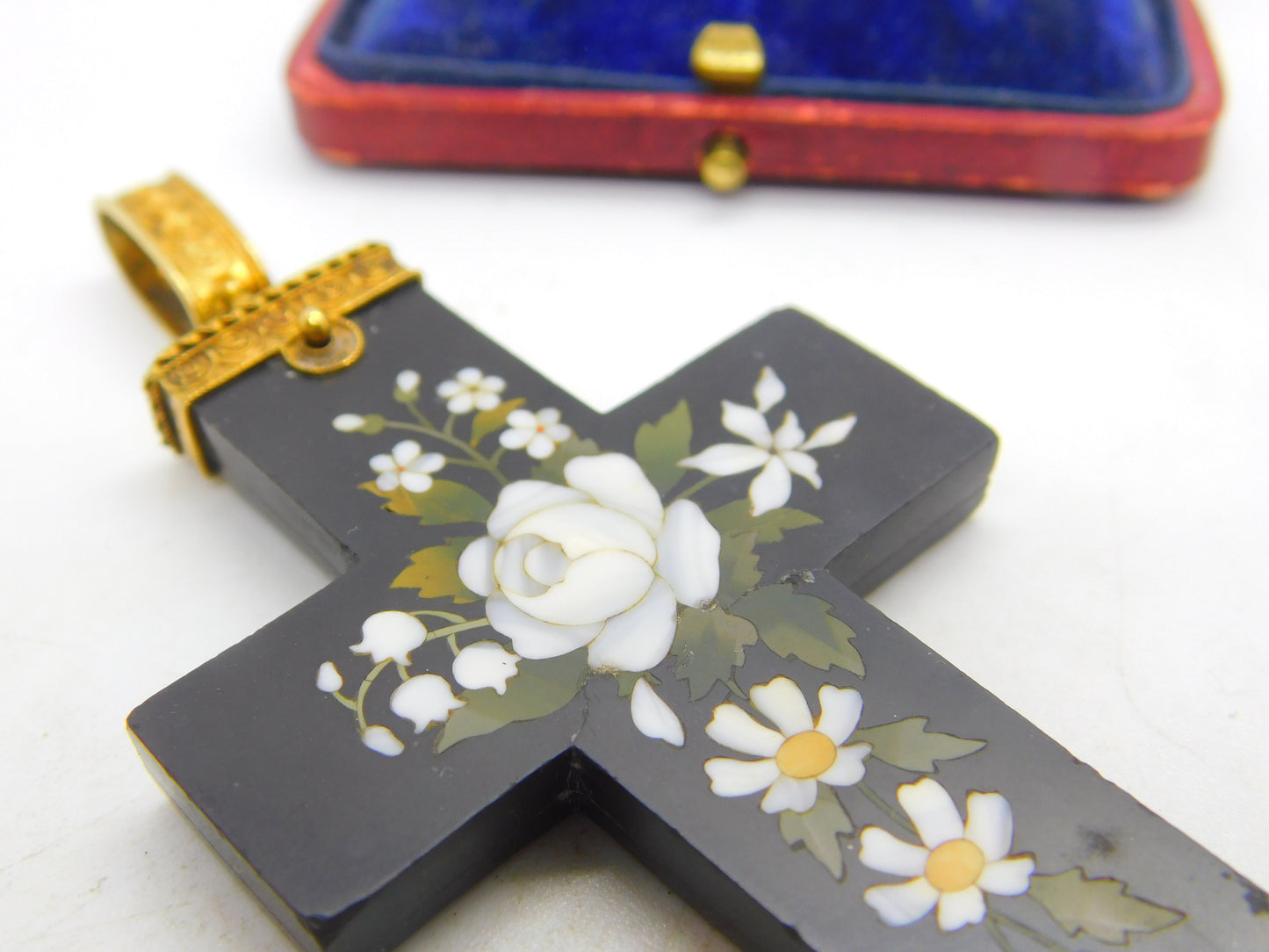 Large Victorian 18ct Gold Daisy Flower Pietra Dura Cross Pendant c1860 AF