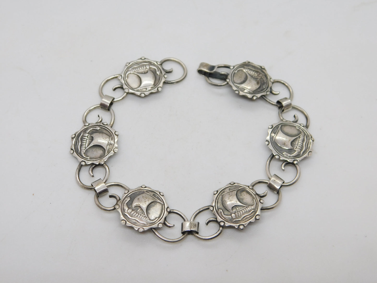 Danish .830 Grade Silver Viking Ship Panel Bracelet Vintage c1960 F. Hansen