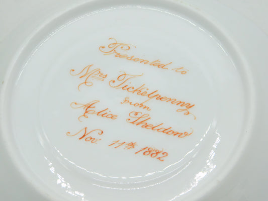 Victorian Painted China Tea Cup & Saucer Presentation to Mrs Tickelpenny 1882