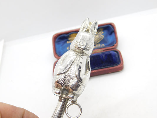 Edwardian Sterling Silver 'Peter Rabbit' Novelty Baby Rattle Antique c1910