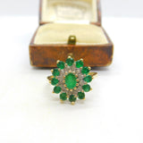 9ct Yellow Gold, Emerald & Diamond Floral Cluster Ring Vintage c1970 London