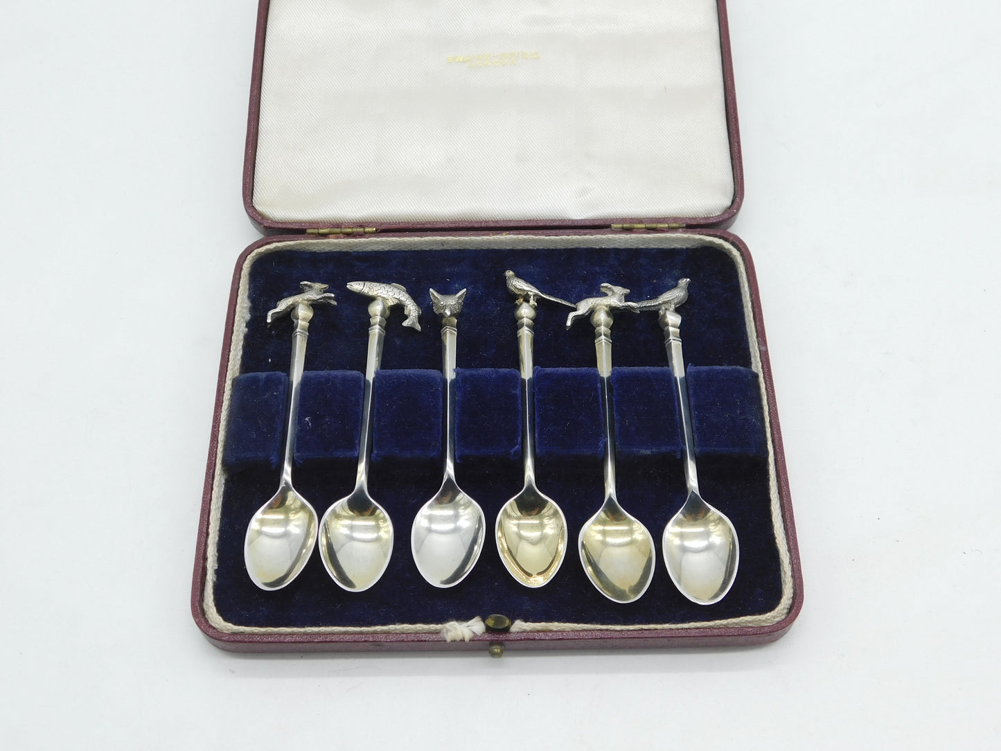 Boxed Set of Sterling Silver Hunting Interest Fox, Fish, Hare Teaspoons Vintage 1952