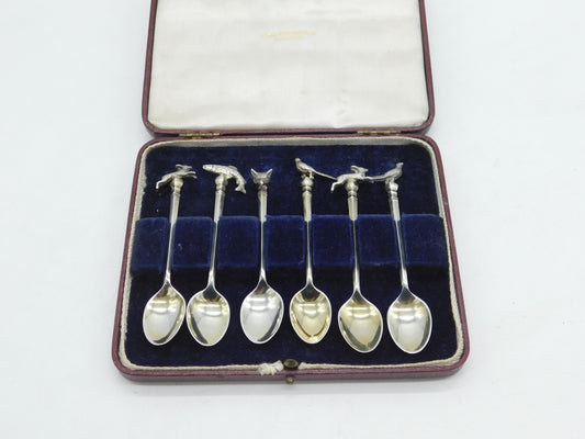 Boxed Set of Sterling Silver Hunting Interest Fox, Fish, Hare Teaspoons Vintage 1952