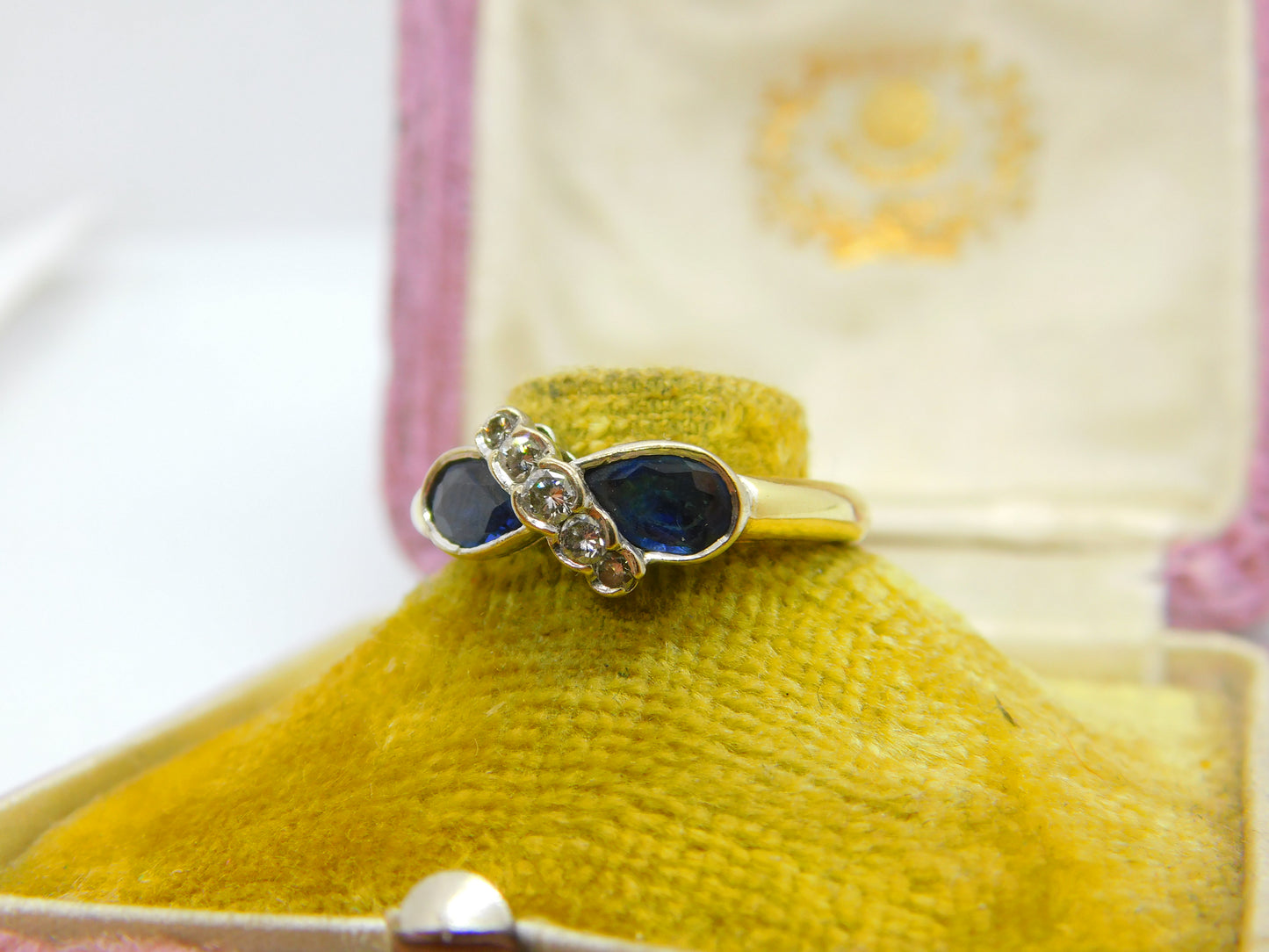 18ct Yellow Gold, Sapphire & Diamond Modernist Ring 1997 London Vintage