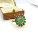 9ct Yellow Gold, Emerald & Diamond Floral Cluster Ring Vintage c1970 London