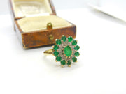 9ct Yellow Gold, Emerald & Diamond Floral Cluster Ring Vintage c1970 London