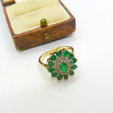 9ct Yellow Gold, Emerald & Diamond Floral Cluster Ring Vintage c1970 London
