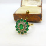 9ct Yellow Gold, Emerald & Diamond Floral Cluster Ring Vintage c1970 London