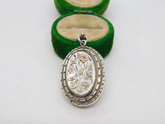 Victorian Sterling Silver & Gold Floral Pattern Locket Antique 1884 Birmingham