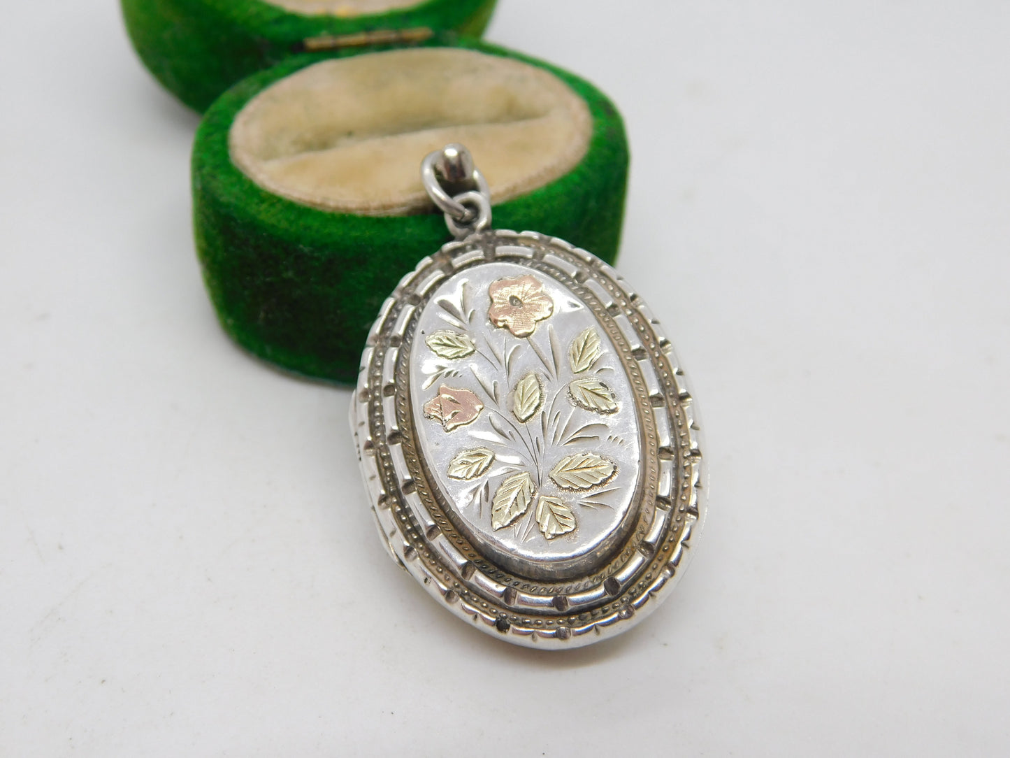 Victorian Sterling Silver & Gold Floral Pattern Locket Antique 1884 Birmingham